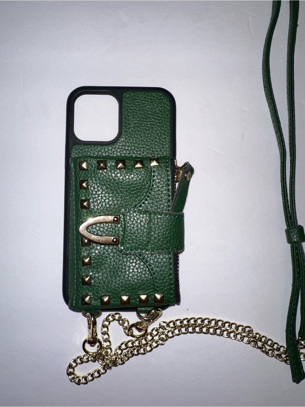 Green Leather Studded Wallet Phone12 pro Case with Gold Chain